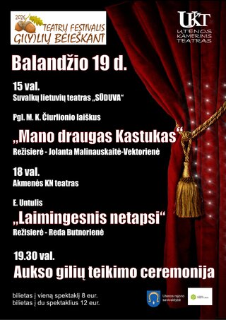 Купить билеты Teatrų festivalis „Gi(y)lių beieškant”. Dienos bilietas Utena, Utenos Kamerinis teatras Апрель 19