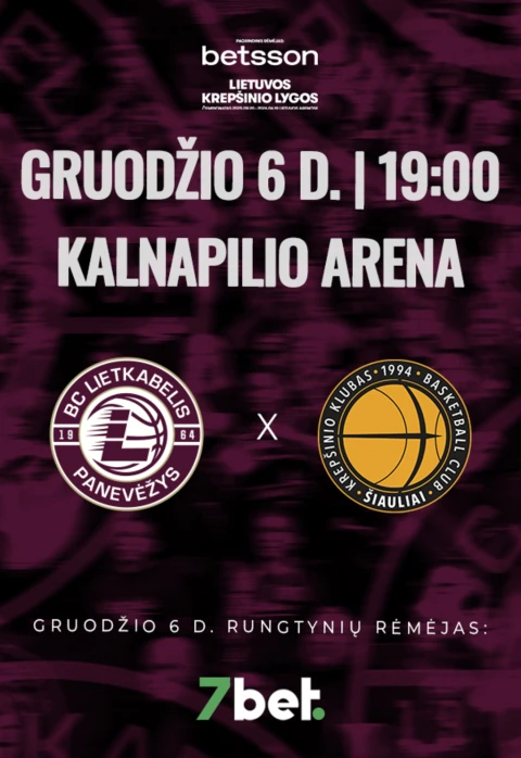 Pirkti bilietus LKL rungtynės: Panevėžio „Lietkabelis“ – Šiaulių „Šiauliai“ Panevėžys, Kalnapilio arena Gruodis 06
