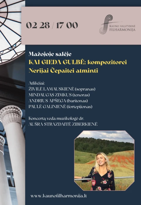 Pirkti bilietus KAI GIEDA GULBĖ: kompozitorei Nerijai Čepaitei atminti Kaunas, Kauno valstybinė filharmonija Vasaris 28